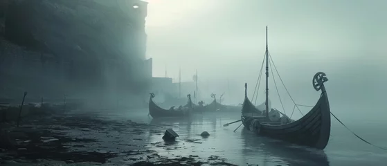 Foto op Plexiglas A foggy coastal scene, post-Viking raid, with longboats and shields left behind on the eerie shores. © Bilas AI