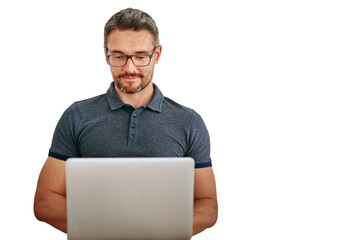 Mature man, laptop and information technology with glasses, software update or coding on png...