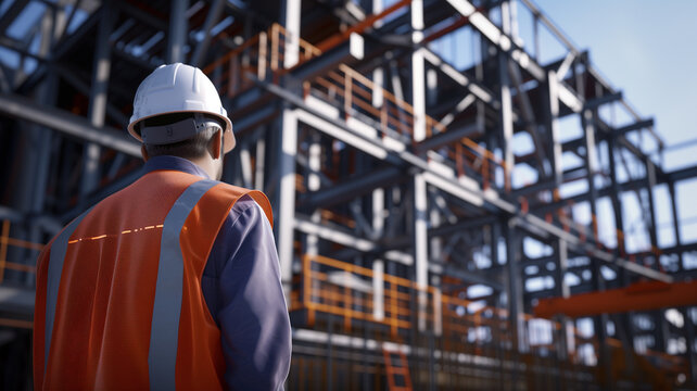 An engineer technician stands at the forefront, watching a team of workers diligently assembling a structure on a high steel platform.