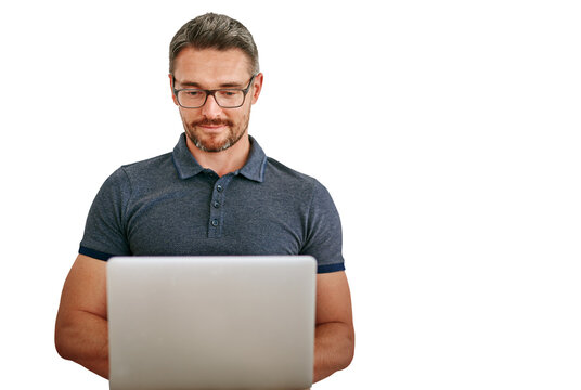Mature man, laptop and information technology with glasses, software update or coding on png transparent background. Problem solving, cybersecurity and management at startup for programming and web