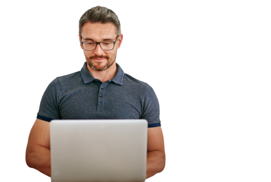 Mature man, laptop and information technology with glasses, software update or coding on png transparent background. Problem solving, cybersecurity and management at startup for programming and web