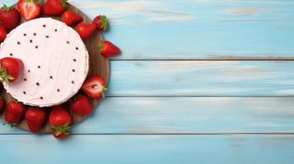 Strawberry cake on blue wooden. Top view, flat lay - obrazy, fototapety, plakaty