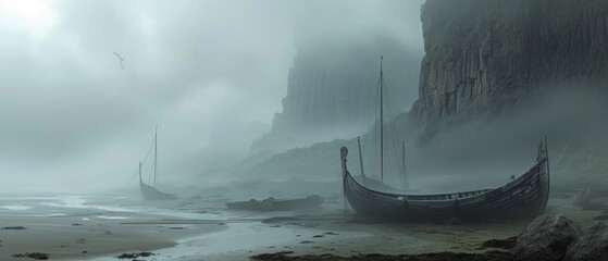 A foggy coastal scene, post-Viking raid, with longboats and shields left behind on the eerie shores