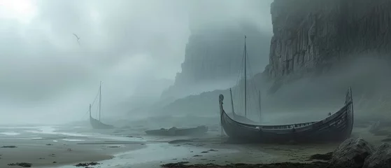 Fotobehang A foggy coastal scene, post-Viking raid, with longboats and shields left behind on the eerie shores © Bilas AI