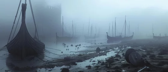 Foto op Plexiglas A foggy coastal scene, post-Viking raid, with longboats and shields left behind on the eerie shores © Bilas AI