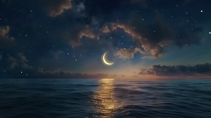 Crescent moon shining over dark sky with stars and lanterns, Ramadan celebration concept - obrazy, fototapety, plakaty