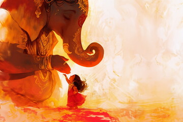 Ganesha and the little girl in the red dress. Watercolor style illustration for banners, flyers, business cards and other promotional materials. With space for text