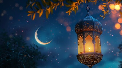 Ramadan Kareem - beautiful night scene with crescent moon, traditional lantern, and bokeh effect - celebration of Eid ul Fitr - obrazy, fototapety, plakaty
