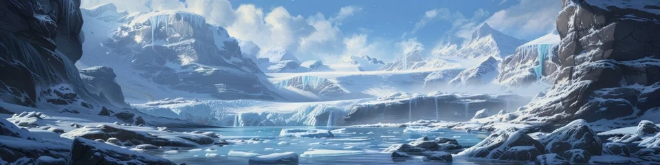 Wandcirkels plexiglas A frozen Ice Age landscape, where glaciers carve through ancient rock, creating deep fjords, and ice  © Bilas AI