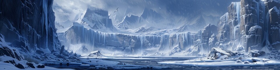 A frozen Ice Age landscape, where glaciers carve through ancient rock, creating deep fjords,