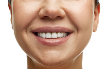 Cropped portrait of middle-aged woman with full moisturized pink lips and well-kept skin. Model smiling with teeth. Prevention of nasolabial folds. Concept of beauty, health care, stomatology, surgery