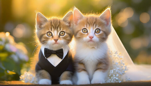 deux chatons mignons en tenue de marié et mariée pour leur mariage, avec costume et robe pour la célébration, sur fond flou