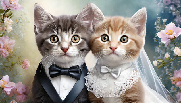 mariage de deux chatons mignons en tenue de mariage, costume et robe de c&eacute;l&eacute;bration