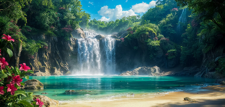 paysage tropical avec cascade d'eau, arbres, plage et fleurs tropicales au premier plan
