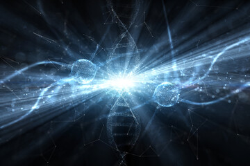 Abstract nerve cells with dna chain on dark blue glowing light background.