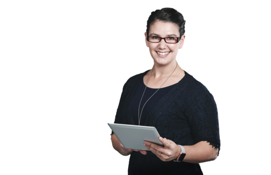 Smile, tablet and portrait of woman networking on social media, app or the internet for communication. Happy, digital technology and female person read blog on website by transparent png background.