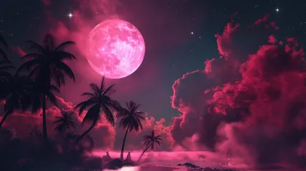 Cercles muraux Violet Night landscape with big moon and silhouettes of palm trees in pink color