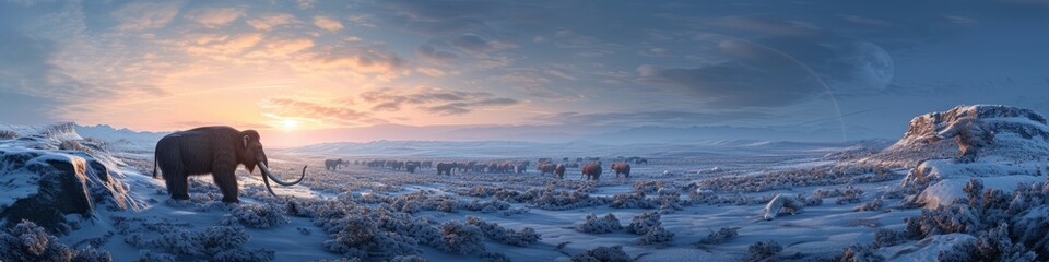 A high vantage point overlooking a vast Ice Age expanse, where herds of woolly mammoths traverse the snow-blanketed terrain, their path illuminated by 