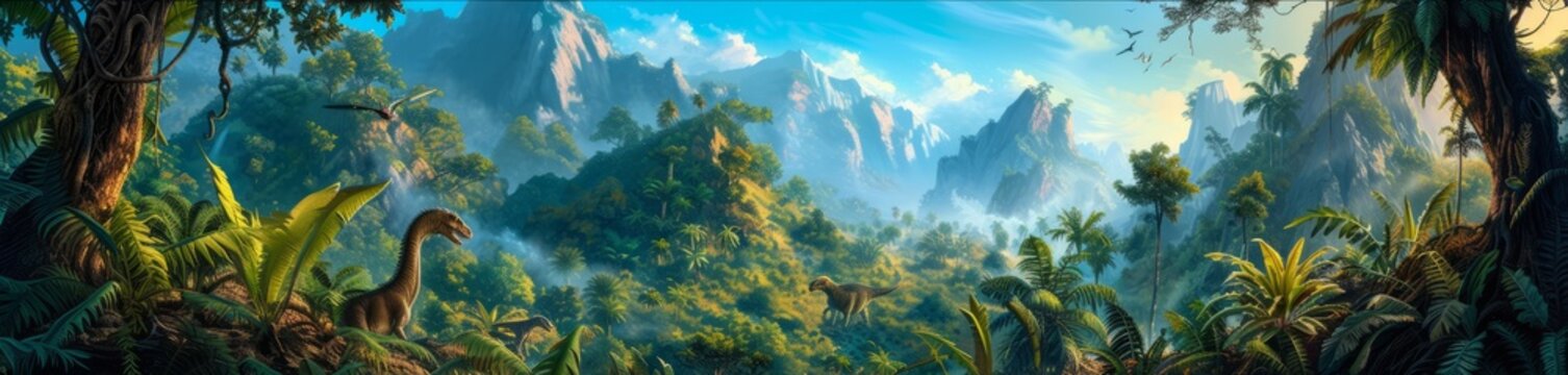 Fototapeta A lush Cretaceous landscape, where towering dinosaurs roam among giant ferns and cycads, a vibrant tableau alive with the sounds and colors of prehistoric Earth,
