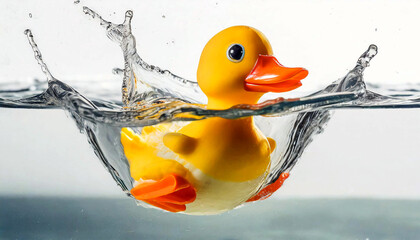 Close-up of a yellow and orange rubber toy duck splashing in water. Generative Ai.