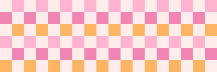 Checkerboard retro groovy background. Geometric pastel square texture in vintage y2k style. Hippie 70s pattern. Plaid pattern background. Pink and yellow colors.