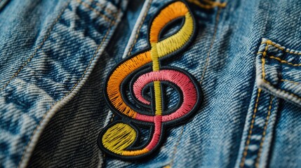 Vibrant, intricately embroidered music note patch on a trendy denim jacket. A stylish fashion accessory that connects music and fashion with its sharp-focused, hyper-realistic design and delicate sti - obrazy, fototapety, plakaty