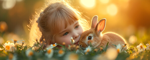 Cute little girl with little rabbit at sunny spring field. Happy Easter concept. Baby playing with bunny. Funny pet. Love animals. Banner, card, background with copy space