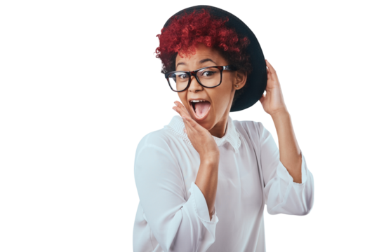 Fashion, surprise and portrait of woman with shock on isolated, png and transparent background. Attractive, emoji reaction and face of happy person excited for good news, winning and announcement