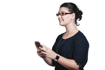 Fototapeta premium Smile, thinking and business woman on smartphone, inspiration and planning future isolated on a transparent png background. Phone, vision and creative designer with idea, decision or problem solving