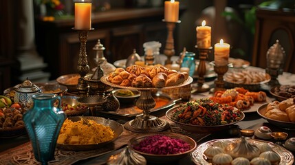 Ramadan Kareem: Delicious Iftar feast with dates, fruits, salads, and meat dishes on a decorated table