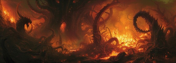 A nightmarish landscape of hell, featuring twisted structures and forms, bathed in an unsettling glow from a hellfire, creating a sense of perpetual dread.