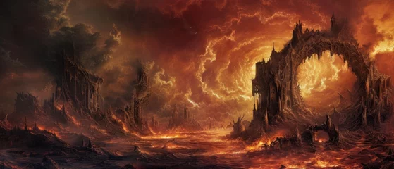 Tuinposter A nightmarish landscape of hell, featuring twisted structures and forms, bathed in an unsettling glow from a hellfire, creating a sense of perpetual dread. © Bilas AI