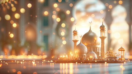 Ramadan kareem or eid mubarak,eid ul fitr or eid ul adha, Lantern Islamic Background Banner, white pink Mosque and Shiny blur glitter