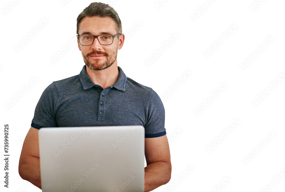 Poster Mature man, portrait and laptop for information technology, software update or coding on png transparent background. Problem solving, cybersecurity and management at startup for programming and web