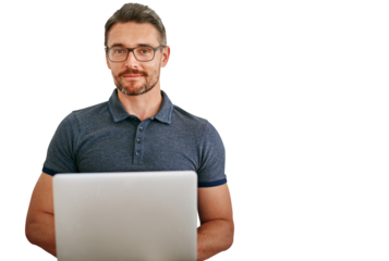 Mature man, portrait and laptop for information technology, software update or coding on png transparent background. Problem solving, cybersecurity and management at startup for programming and web