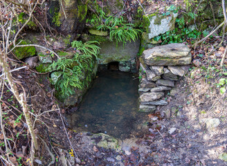 Stone well with spring in the forest.