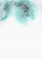 Emerald green grey granulated watercolor stain on paper texture, vertical background