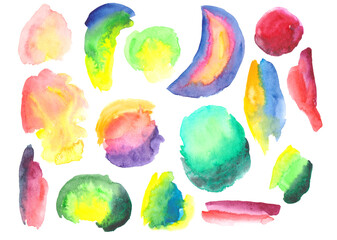 Set of colorful watercolor stains in green, yellow, pink, red, orange, blue, purple colors