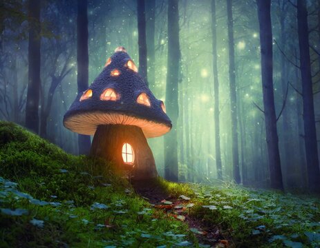 Mushroom house at night with illuminated windows in a fantasy forest