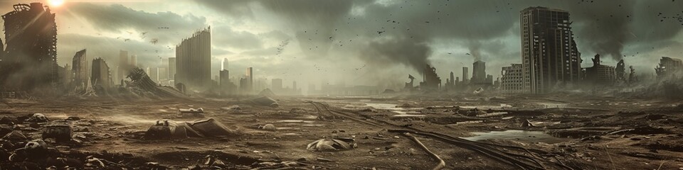 A post-apocalyptic landscape, where once-bustling metropolises are now ghost towns, their skeletal structures standing as monuments to a fallen civilization, under a dusky, polluted sky - obrazy, fototapety, plakaty
