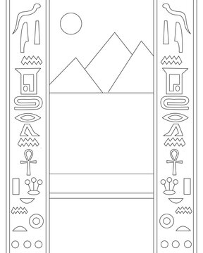 Egyptian background, wall. Coloring page, icon, black and white vector illustration.Coloring page, icon, black and white vector illustration.