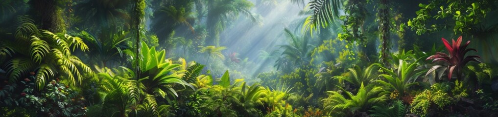 A prehistoric landscape dominated by towering megaflora, giant ferns and colossal flowers covering the land, creating a dense jungle of vibrant green under a misty sky