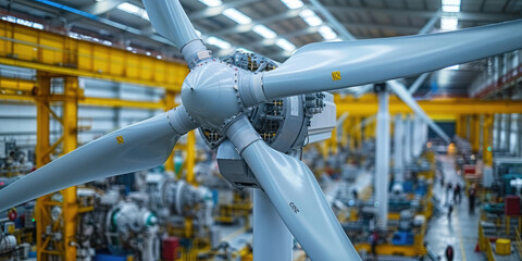 A large wind turbine component undergoes assembly in a busy industrial manufacturing facility. - obrazy, fototapety, plakaty