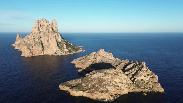 Es Vedra and Es Vedranell islands at Ibiza bay aerial shot