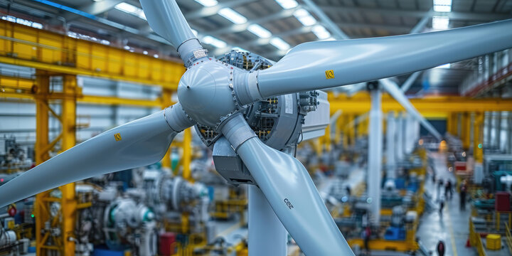 A large wind turbine component undergoes assembly in a busy industrial manufacturing facility.