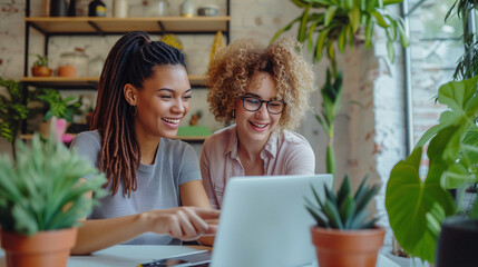 Two creative professionals collaborating on a project using a laptop in a modern workspace with green plants.