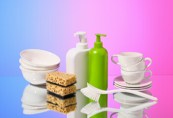 Kitchen dish work and cleaning supplies for dish washing. Set of clean tableware.