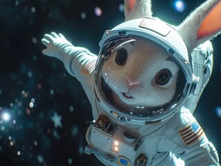 Adorable bunny astronaut in a sharp-focus, hyper-realistic image. White spacesuit with transparent visor and large eyes. Curiosity and wonder in a futuristic design