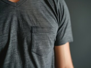 A sharp-focus, hyper-realistic stock image of a charcoal gray V-neck t-shirt. Perfectly fitted with a minimal look, featuring a small pocket on the chest for a subtle touch