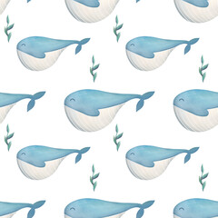 watercolor cute whale seamless pattern. kids room wallpaper in soft pastel blue tones. hand drawn children s background in marine theme for fabrics print, baby s textile, wrapping, packaging